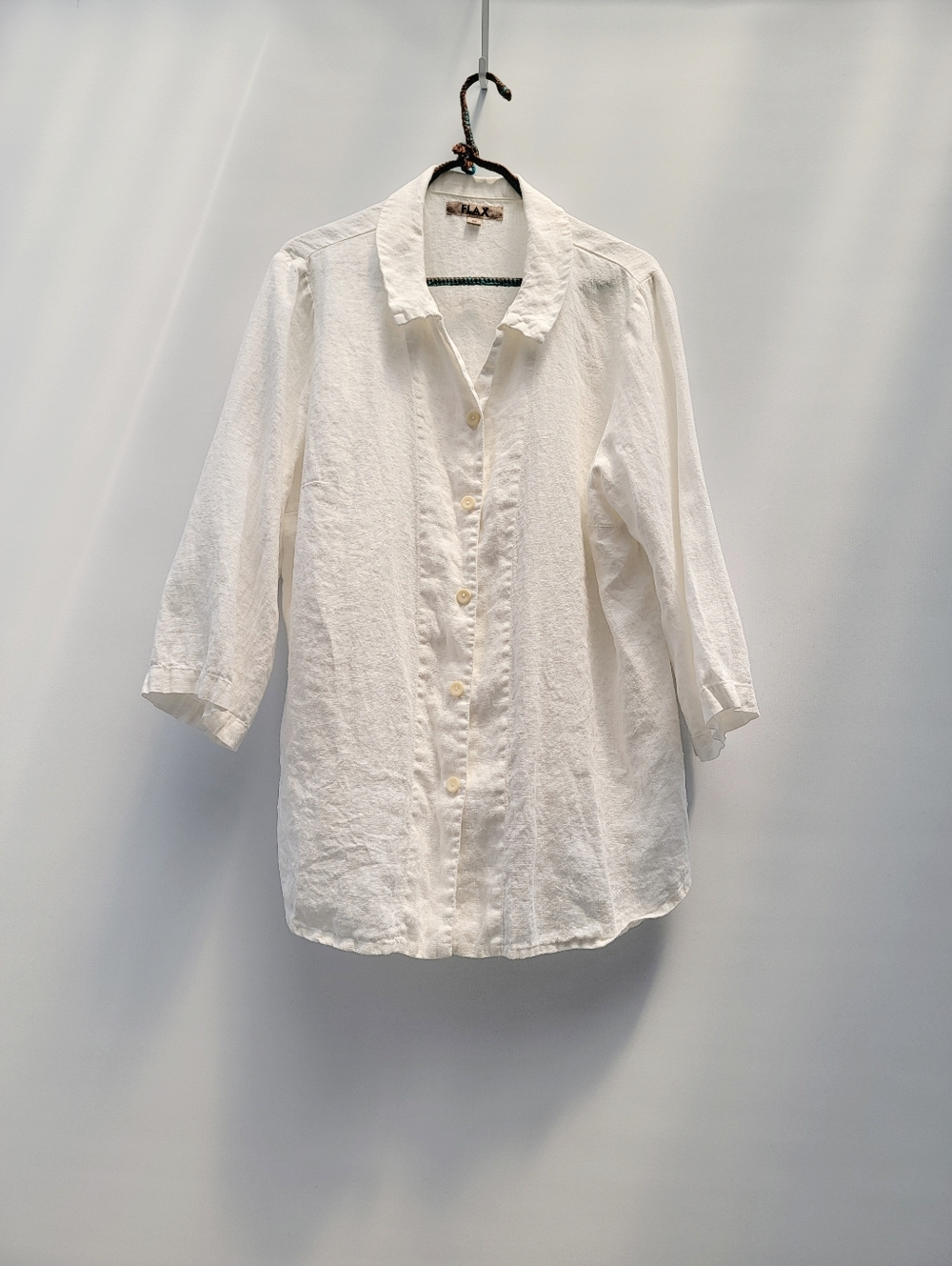 FLAX White Linen Button Down Blouse Top Size Medium Lagenlook Minimalist Neutral